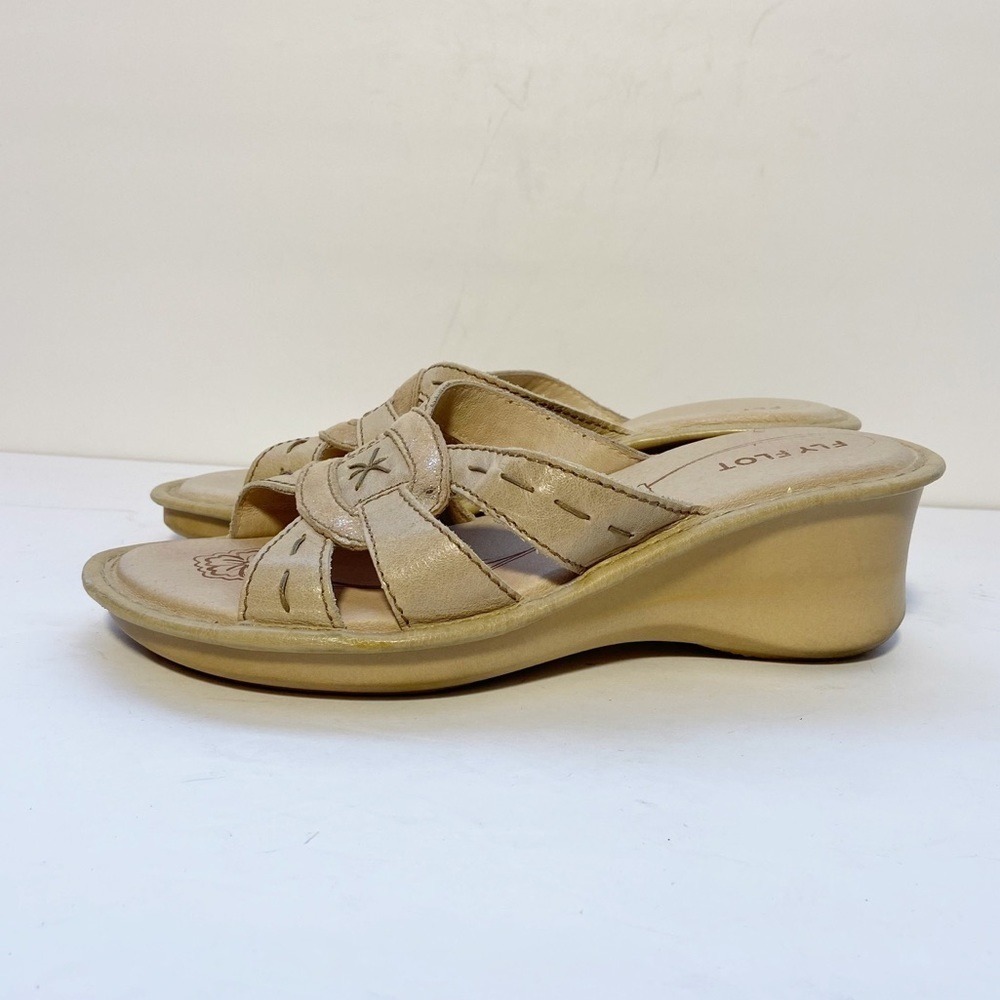 Fly Flot Wedge Sandals Womens 37 Beige Leather Metallic Whipstitch Mule Slip-on - Picture 4 of 10